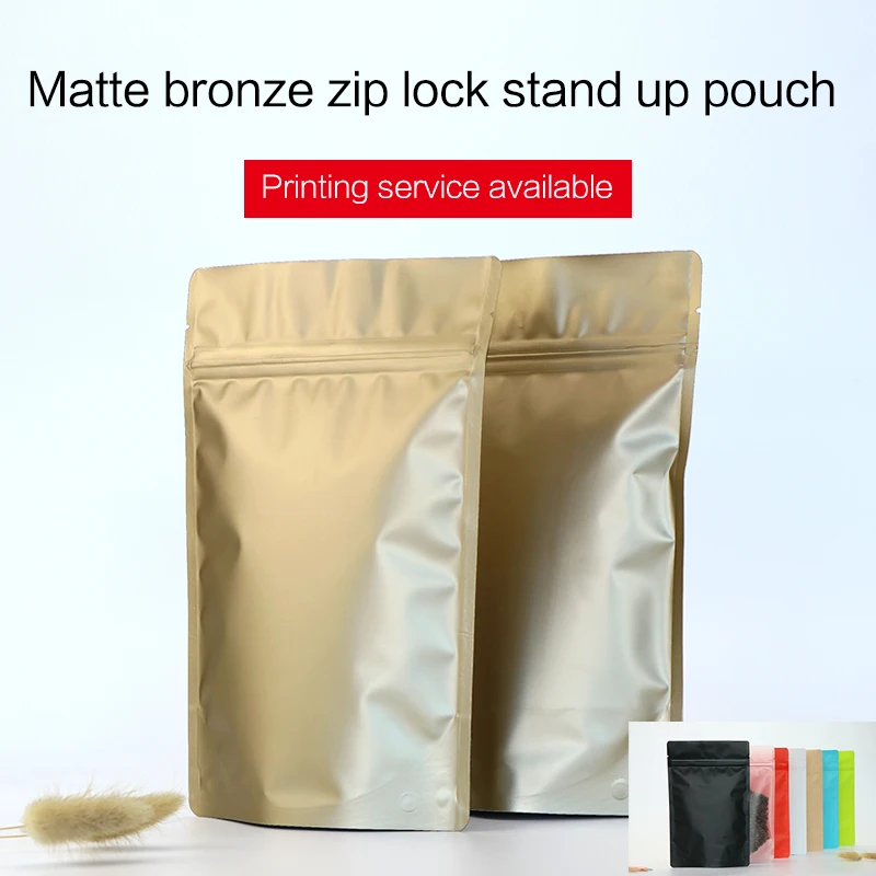 matte bronze stand up pouch with zipper aluminum foil VMPET zip lock bag tea coffee bean food packaging bags custom printing
matte bronze stand up pouch with zipper aluminum foil VMPET zip lock bag tea coffee bean food packaging bags custom printing
