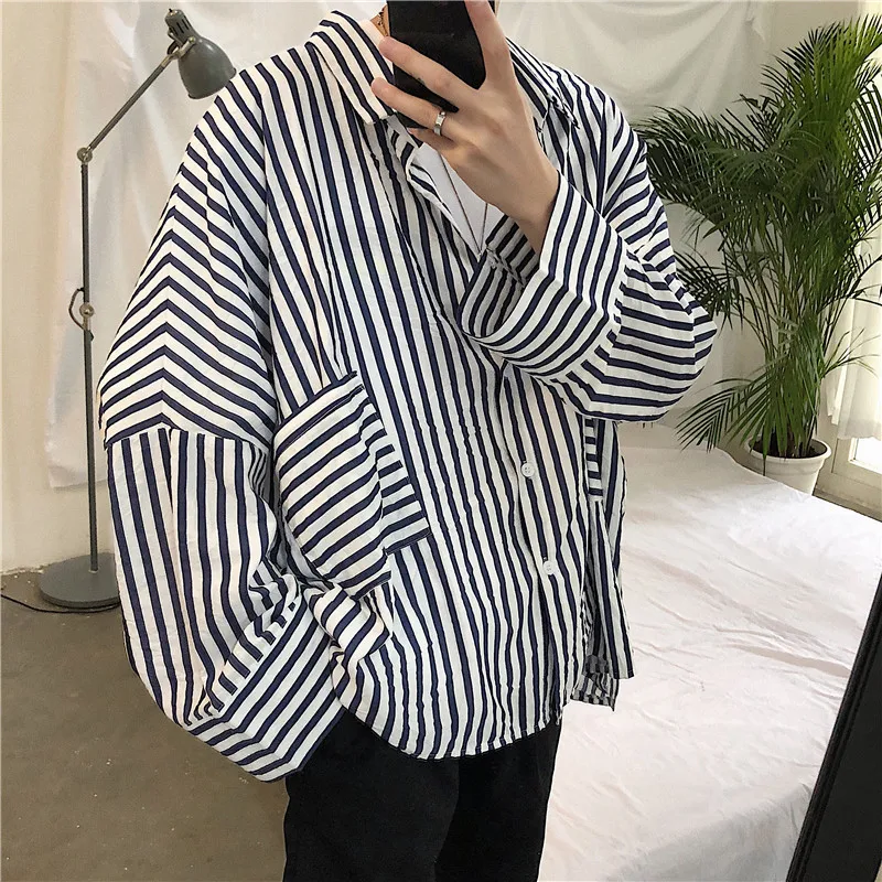 

Casual Stripe Teenagers Youth Turn Down Collar Long Sleeve Men Shirt 2018 Early Autumn Korean Fashion Loose Male Camisa M-XL