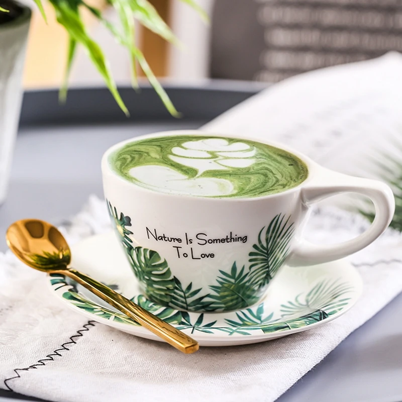 Tropical paradise latte cappuciano cup with saucer Monstera design coffee cups saucer set for cafe and gift set
Tropical paradise latte cappuciano cup with saucer Monstera design coffee cups saucer set for cafe and gift set