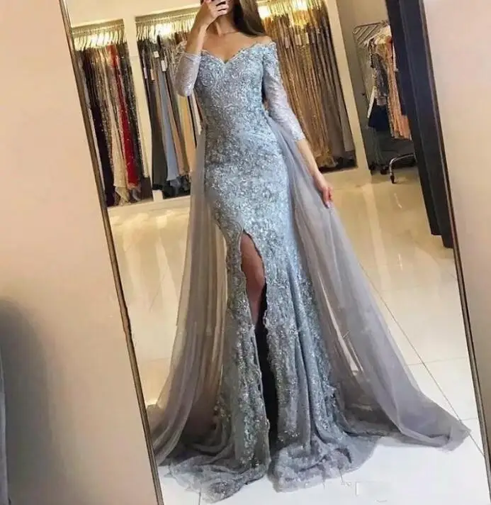 2019 Muslim Off Shoulder Appliqued Evening Dresses Mermaid Lace Beaded Split Dubai Long Formal Gown With Detachable Tulle Train
2019 Muslim Off Shoulder Appliqued Evening Dresses Mermaid Lace Beaded Split Dubai Long Formal Gown With Detachable Tulle Train