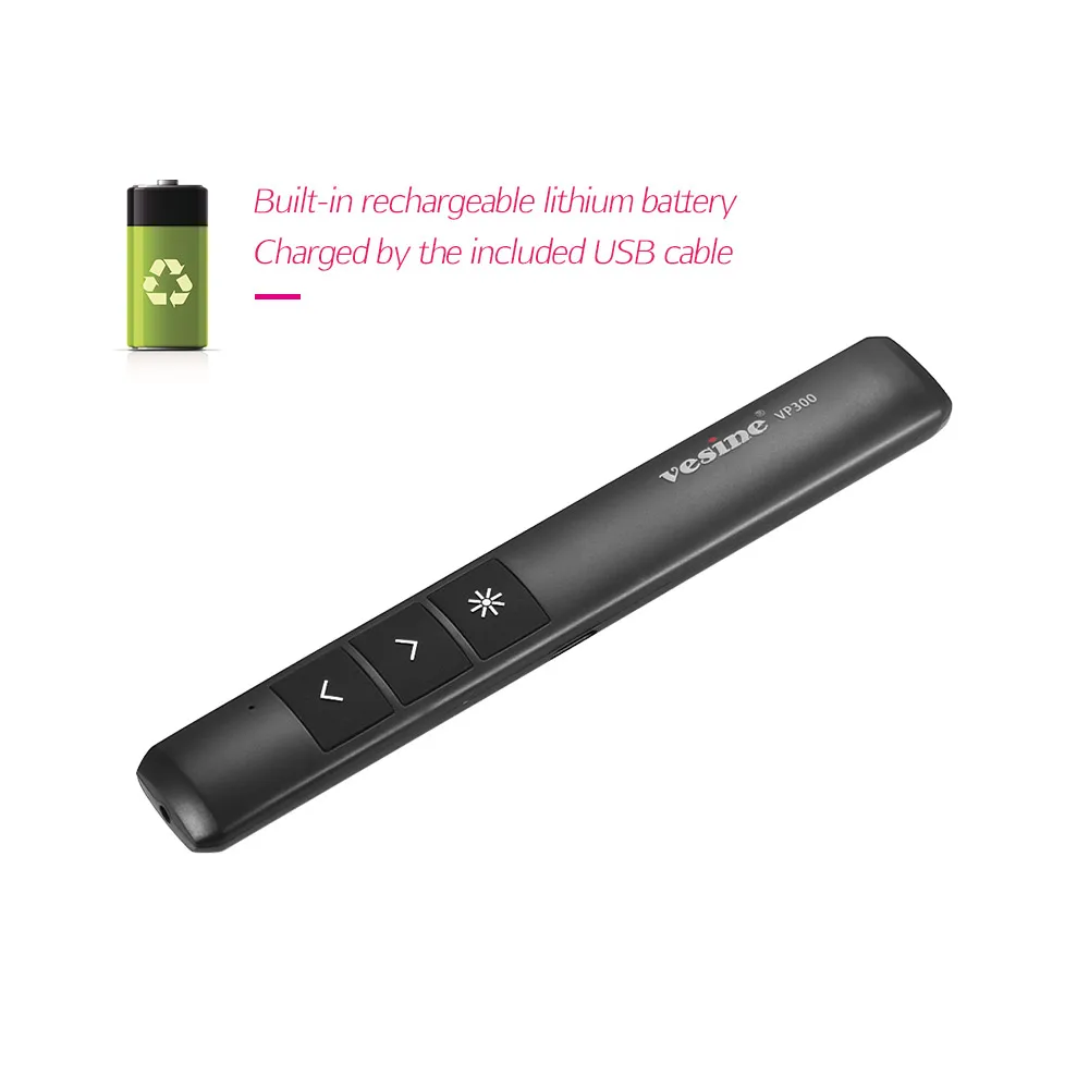VP300 Rechargeable 2.4GHz Wireless Presenter PPT Powerpoint Clicker Presentation Pointer Pen Remote Control Hyperlink Function
VP300 Rechargeable 2.4GHz Wireless Presenter PPT Powerpoint Clicker Presentation Pointer Pen Remote Control Hyperlink Function