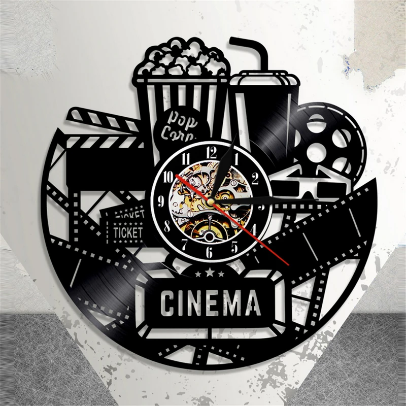 12" Cinema Production Clock Movie Theater Sign Popcorn Vinyl Record Wall Clock Watching Film Vintage Wall Decor Movies Lovers
