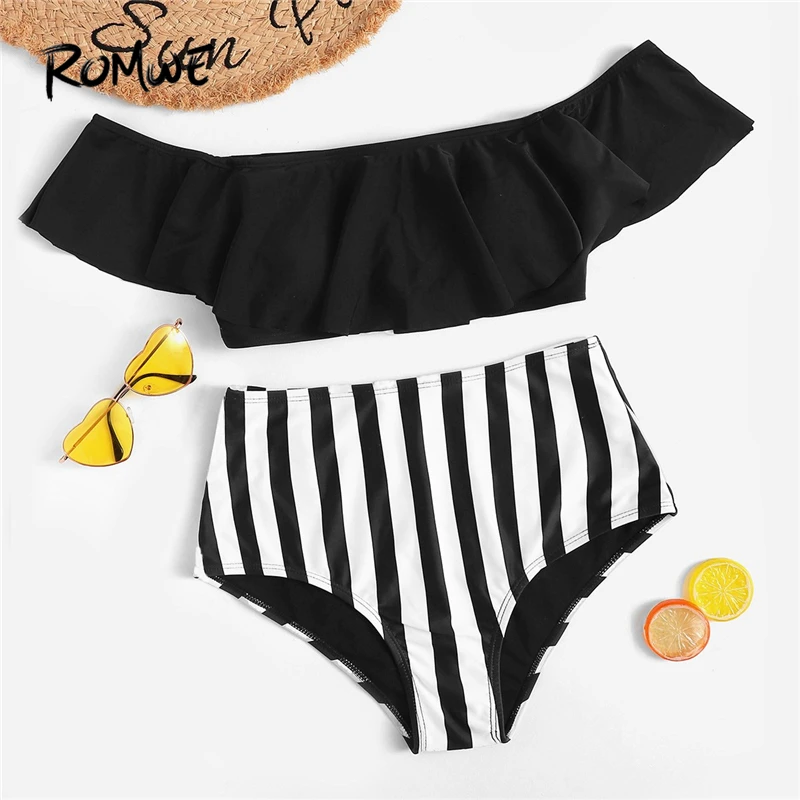 

Romwe Sport Bardot Flounce Top With Striped High Waist Bottom Two-Piece Suits Women Ruffle Off the Shoulder Swimsuit Bikinis Set