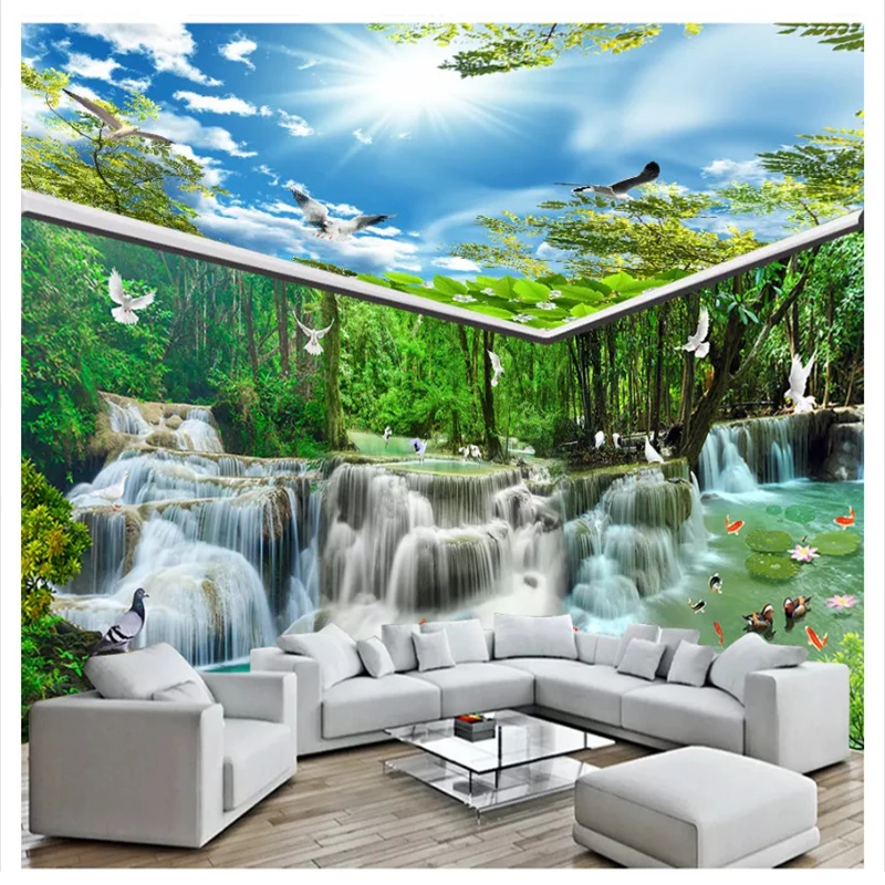 

beibehang Fashion 3d wallpaper waterfall water forest white dove house background painting theme room wall papers home decor