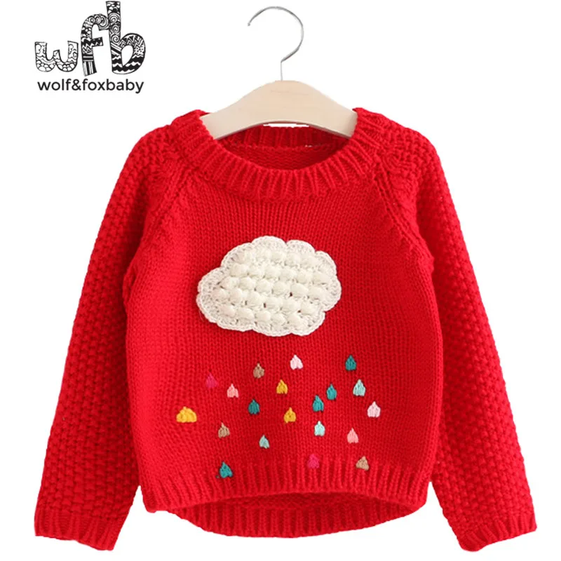 

Retail 3-10 years solid color cartoon clouds rain raindrops knitted sweaters girl children spring fall autumn