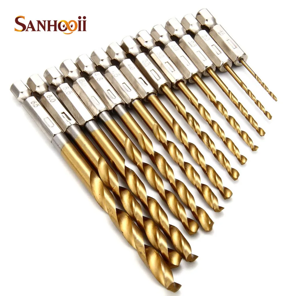 SANHOOII 13pcs/lot HSS Steel Titanium Coated Twist Drill Bit Set 1/4 Hex Shank 1.5-6.5mm for Wood Plastic Working
SANHOOII 13pcs/lot HSS Steel Titanium Coated Twist Drill Bit Set 1/4 Hex Shank 1.5-6.5mm for Wood Plastic Working