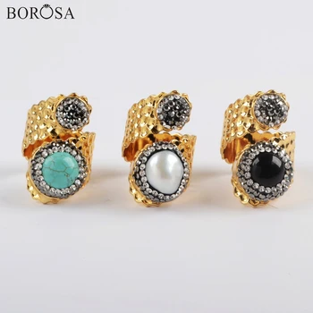 BOROSA 5Pcs New Gold Color Double Round Rhinestone Paved Pearl Blue Howlite Turquoises Black Agates Band Ring Jewelry JAB963
BOROSA 5Pcs New Gold Color Double Round Rhinestone Paved Pearl Blue Howlite Turquoises Black Agates Band Ring Jewelry JAB963