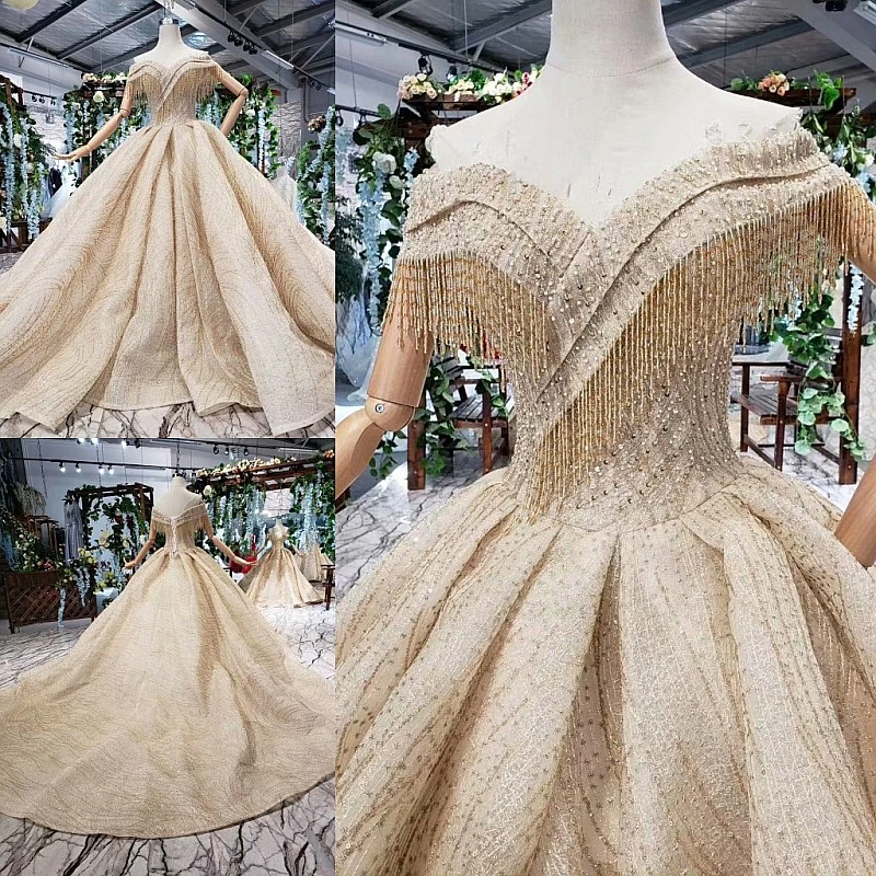 Vintage Champagne with gold High Neck Long Sleeve Wedding Dresses Sweep Train Lace Applique Tassel Bridal Gowns Cheap
Vintage Champagne with gold High Neck Long Sleeve Wedding Dresses Sweep Train Lace Applique Tassel Bridal Gowns Cheap