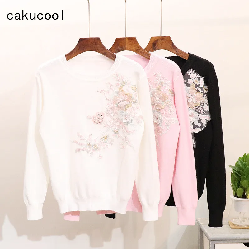 Cakucool Новый 2019 Embroid вязаная футболка для женщин круглый средства ухода за кожей
