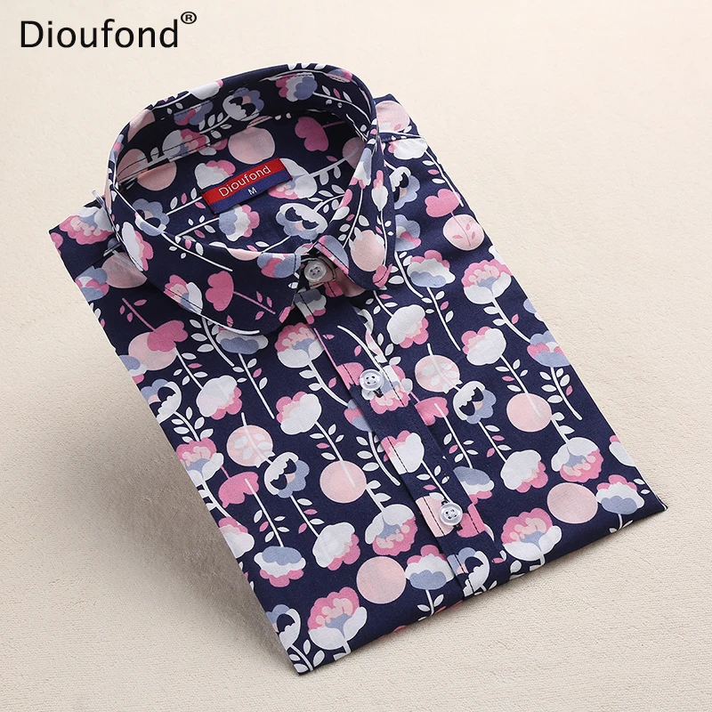 Dioufond New Women's Floral Print Blouses Cotton Shirts Women Vintage Turn-Down Collar Tops Ladies Work Long Sleeve Blouse 2017 11