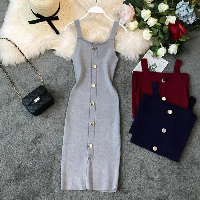 Sexy Slim Bodycon Dresses Women Knitted Spaghetti Strap Mini Party Dress Summer Sleeveless Single Breasted Sweater Robe Vestidos
Sexy Slim Bodycon Dresses Women Knitted Spaghetti Strap Mini Party Dress Summer Sleeveless Single Breasted Sweater Robe Vestidos