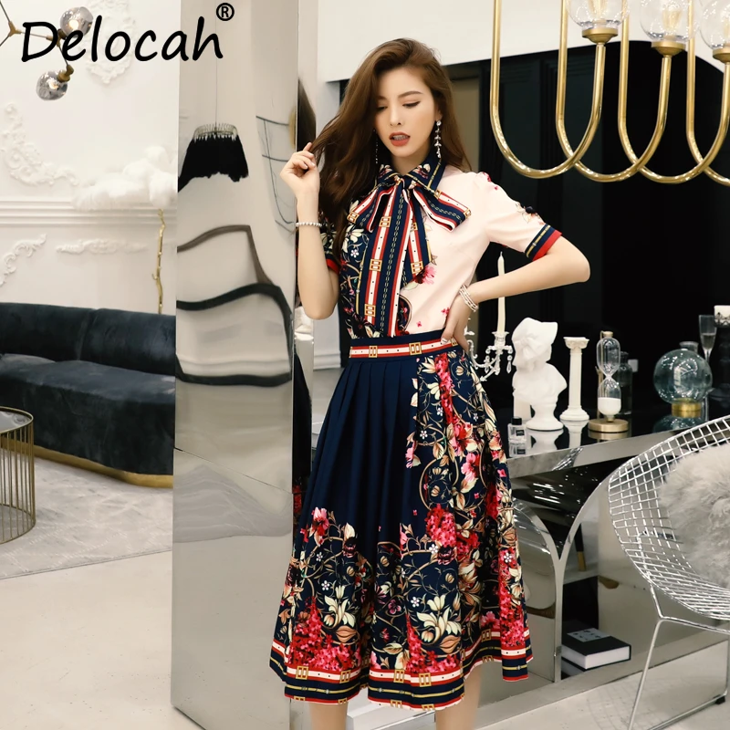 Delocah Women Summer Set Runway Fashion Designer Bow Shirt Collar Short Sleeve Tops+Vintage Print Casual Midi Skirt 2 Pieces Set
Delocah Women Summer Set Runway Fashion Designer Bow Shirt Collar Short Sleeve Tops+Vintage Print Casual Midi Skirt 2 Pieces Set