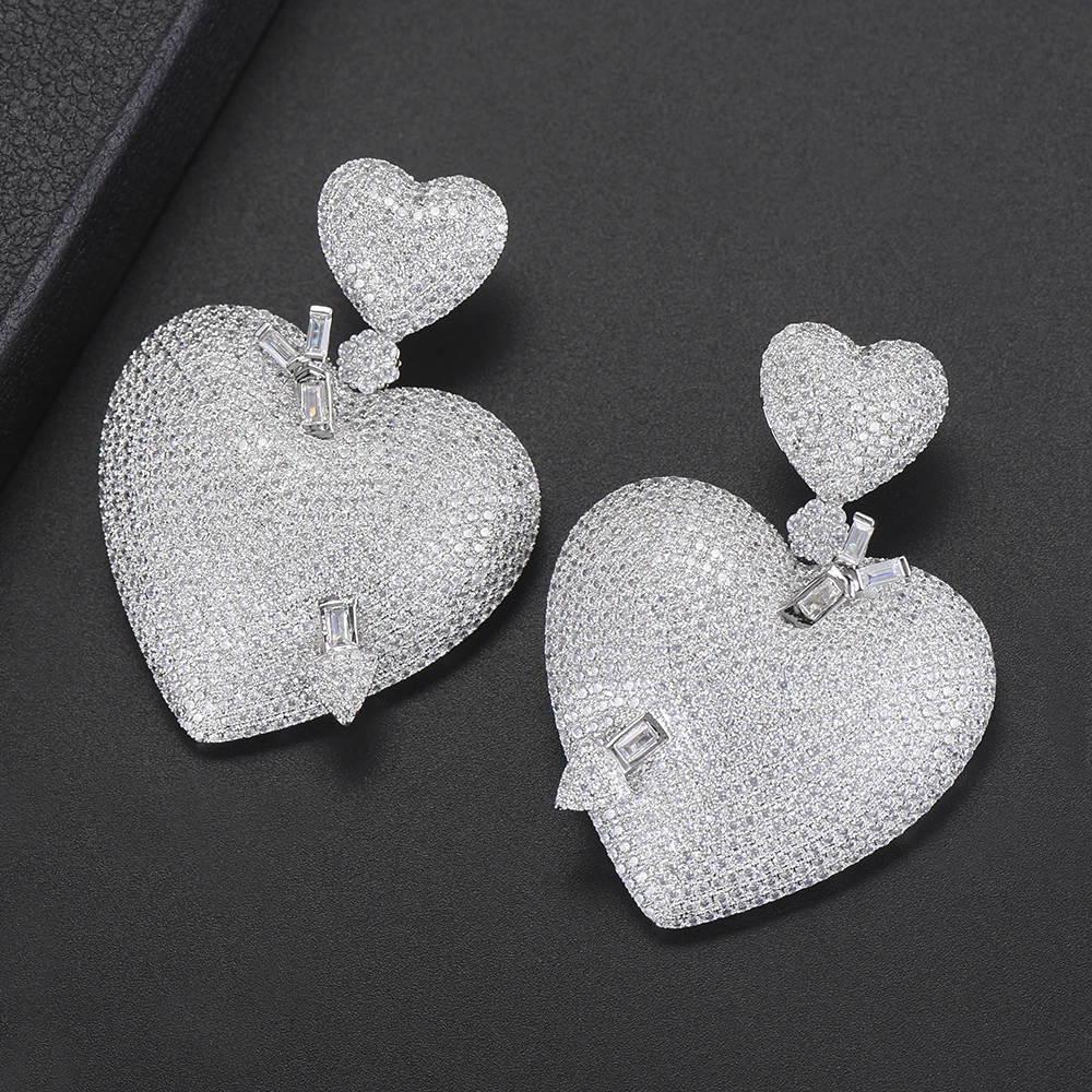 44*60 MM Fashion Dangle Earrings For Women Heart Shape Full Cubic Zirconia Inlaid Bridal Jewelry Drop | Украшения и аксессуары
