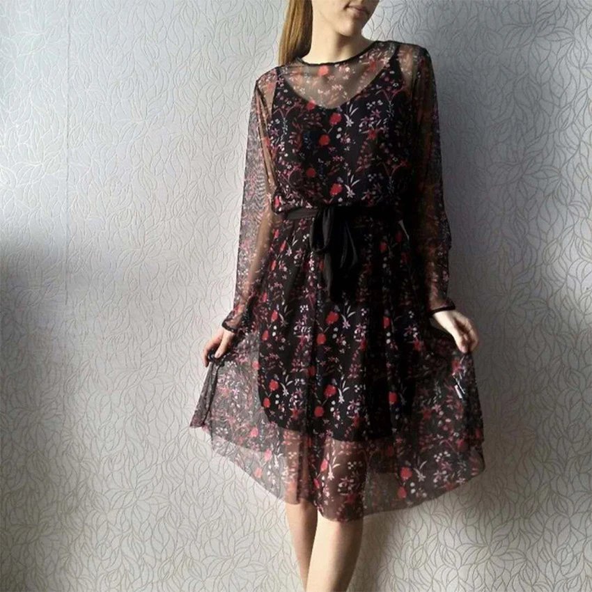 Print Breathable Mesh Yarn Long Dresses Women Summer Autumn Sexy Black Belt Elastic Slim Dress Vintage O-Neck Long Sleeve Dress
Print Breathable Mesh Yarn Long Dresses Women Summer Autumn Sexy Black Belt Elastic Slim Dress Vintage O-Neck Long Sleeve Dress