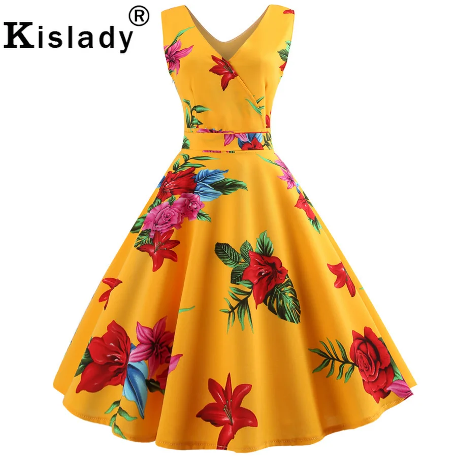 Women's Floral Print Vintage Dress Sexy V-neck Cocktail Party Dress Yellow Black Retro Rockabilly Swing Dress Plus Size Vestidos 
Women's Floral Print Vintage Dress Sexy V-neck Cocktail Party Dress Yellow Black Retro Rockabilly Swing Dress Plus Size Vestidos