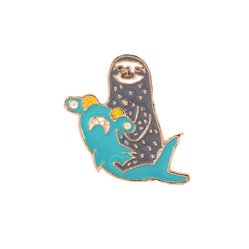 

Alien creatures are coming! Pin Cute Sloth Conquest Shark Monster Surfing Sloth Enamel Brooches Lapel Pins Cartoon Jewelry