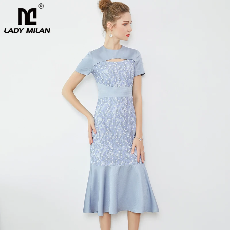 

2019 Women's Runway Designer Dresses O Neck Short Sleeves Sexy Keyhole Patchwork Ruffles Elegant Fashion Dresses