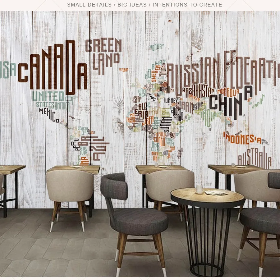 

Drop Shipping Custom Retro Vintage English Alphabet World Map Wooden Board Mural Background Wall Coffee Shop Wallpaper Custom