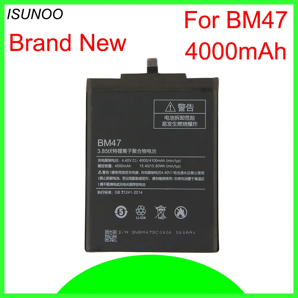 ISUNOO 5pcs/lot 4000mAh BM47 Battery For Xiaomi Redmi 3S Redmi 3X Redmi 4X Hongmi 3 S Redrice Hongmi 3 Bateria 
ISUNOO 5pcs/lot 4000mAh BM47 Battery For Xiaomi Redmi 3S Redmi 3X Redmi 4X Hongmi 3 S Redrice Hongmi 3 Bateria