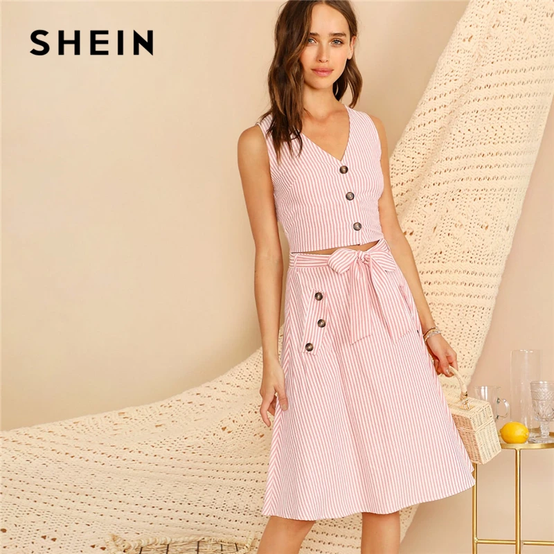 SHEIN Boho Pink V-neck Button Front Striped Slim Fitted Crop Top and Belted Midi Skirt Set Women Summer Elegant Two Piece Set
SHEIN Boho Pink V-neck Button Front Striped Slim Fitted Crop Top and Belted Midi Skirt Set Women Summer Elegant Two Piece Set