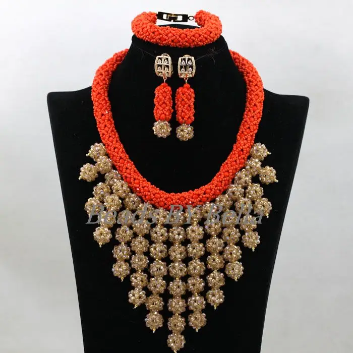 

New Arrival Gold Balls Orange Crystal Women Choker Necklace Costume Nigerian Wedding Bridal Jewelry Sets Free Shipping ABK845