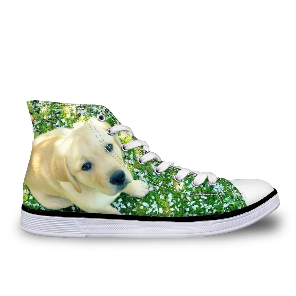 Customized 2019 Fashion Women's High Top Vulcanize Shoes Cute Animal Labrador Prints Casual Woman Lace-up Canvas Shoes Flats