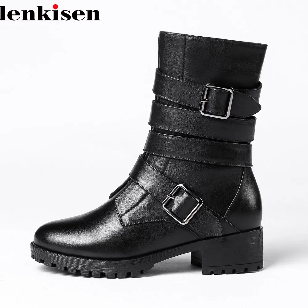 Lenkisen 2018 genuine leather med heels brand round toe riding mid-calf boots metal buckle zipper street fashion punk boots L71
Lenkisen 2018 genuine leather med heels brand round toe riding mid-calf boots metal buckle zipper street fashion punk boots L71