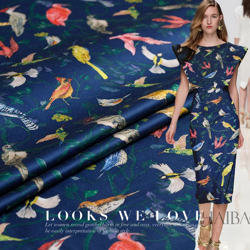 Pearlsilk Navy Blue Birds Printed Elastic Cotton and Spandex Garment Materials Spring Dress DIY clothes fabrics Freeshipping
Pearlsilk Navy Blue Birds Printed Elastic Cotton and Spandex Garment Materials Spring Dress DIY clothes fabrics Freeshipping