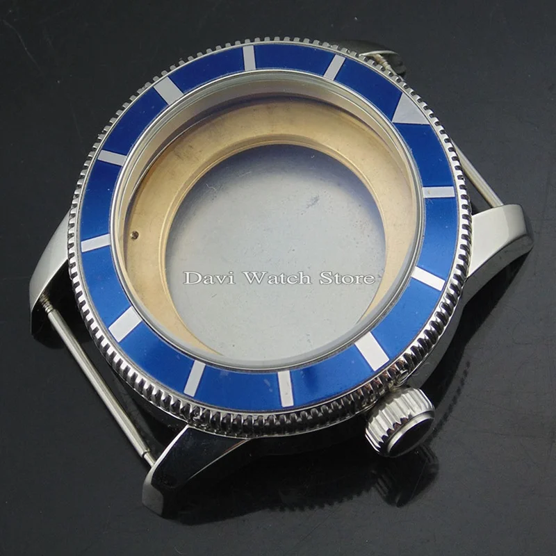 46mm silver case blue bezel Steel Watch Case fit ETA 2836,DG2813/3804,Miyota 8205/8215 movement