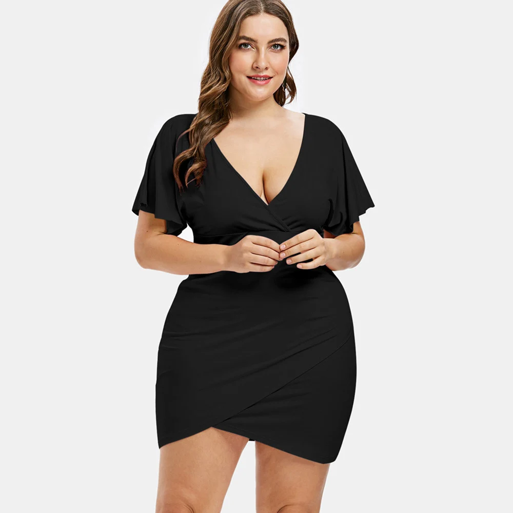 

ROSEGAL Plus Size Flare Sleeve Plunging Neck Mini Fitted Surplice Bodycon Dress Women Sexy Club Party Dresses Ladies Clothes 5XL