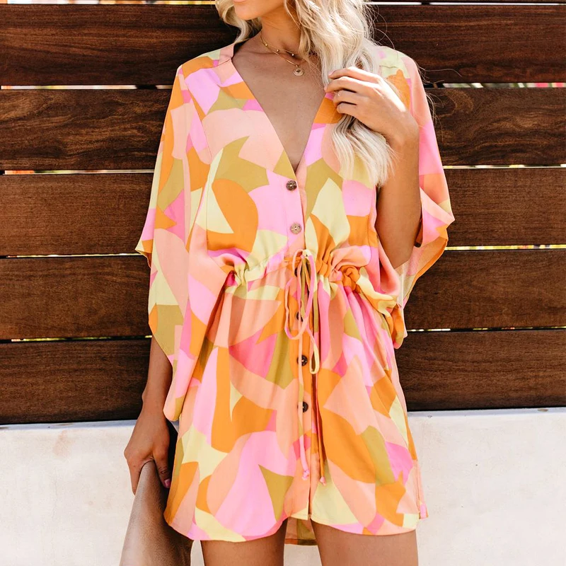 Summer Short Sleeve Dress Women Printed Buttons Loose Drawstring High Waist Batwing Beach Casual Dresses
Summer Short Sleeve Dress Women Printed Buttons Loose Drawstring High Waist Batwing Beach Casual Dresses