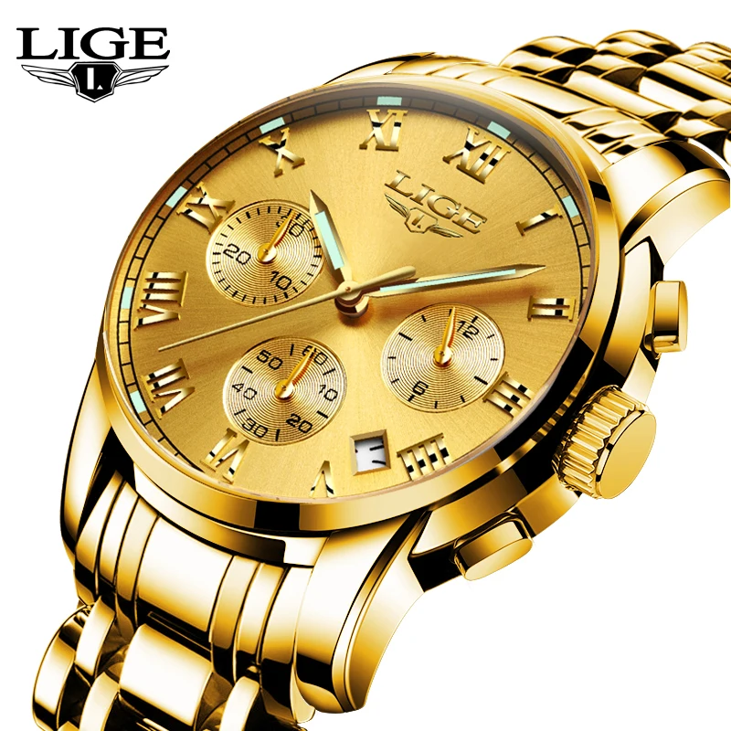Relogio Masculino LIGE Mens Gold Watches Top Brand Luxury Fashion Casual Quartz-watch Men Sport Full Steel Waterproof Wristwatch | Наручные