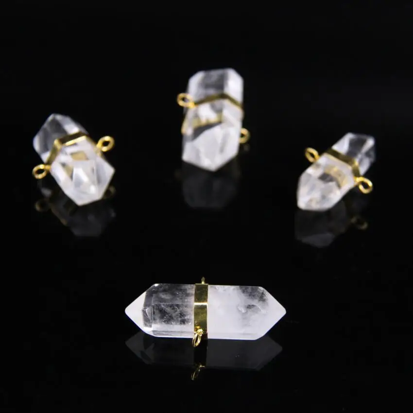 5pcs/lot Natural Clear Crystal Quartz Faceted Double Point Pendants Gold Plateds Stone Gems Hexagon Points Connectors | Украшения и