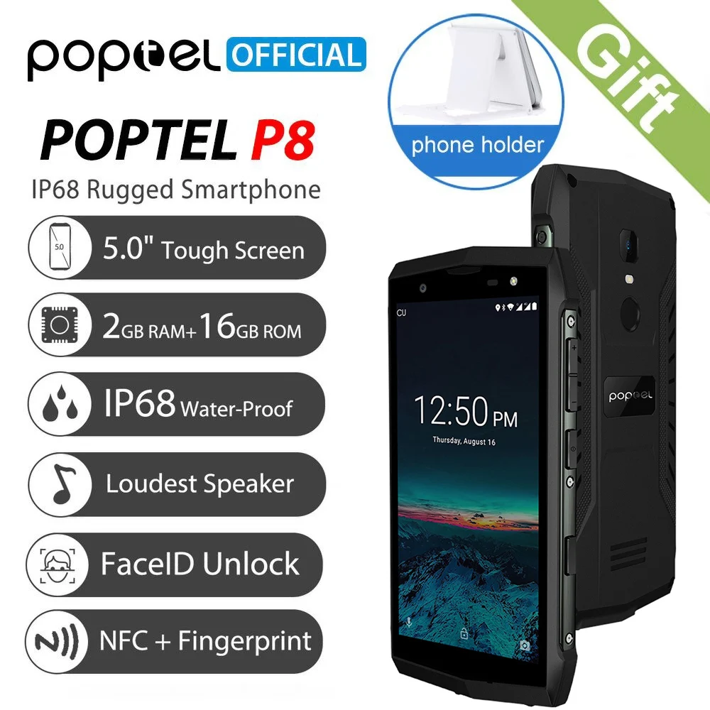 POPTEL P8 Smartphone IP68 Waterproof Android 8.1 5.0" Lond Speaker MTK6739 Quad Core 3750mAh 2GB+16GB 8MP Face ID NFC 4G Phones
POPTEL P8 Smartphone IP68 Waterproof Android 8.1 5.0" Lond Speaker MTK6739 Quad Core 3750mAh 2GB+16GB 8MP Face ID NFC 4G Phones