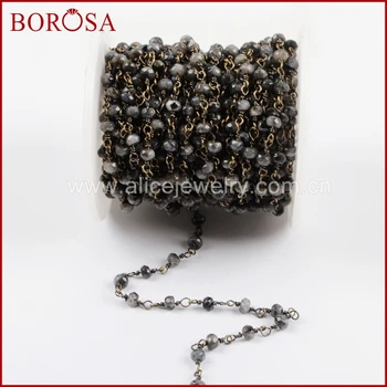 

BOROSA 5Meters Gold Plated /Silver Color Larvikite Roundel Faceted Beads Rosary Chain Fashion Beaded Chains for Jewelry Findings