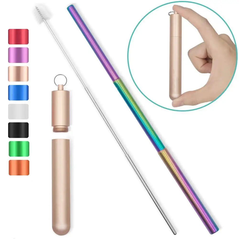 

Metal Reusable Collapsible Foldable Straw with Case Keychain Stainless Steel Metallic Portable Telescopic Drinking Straw