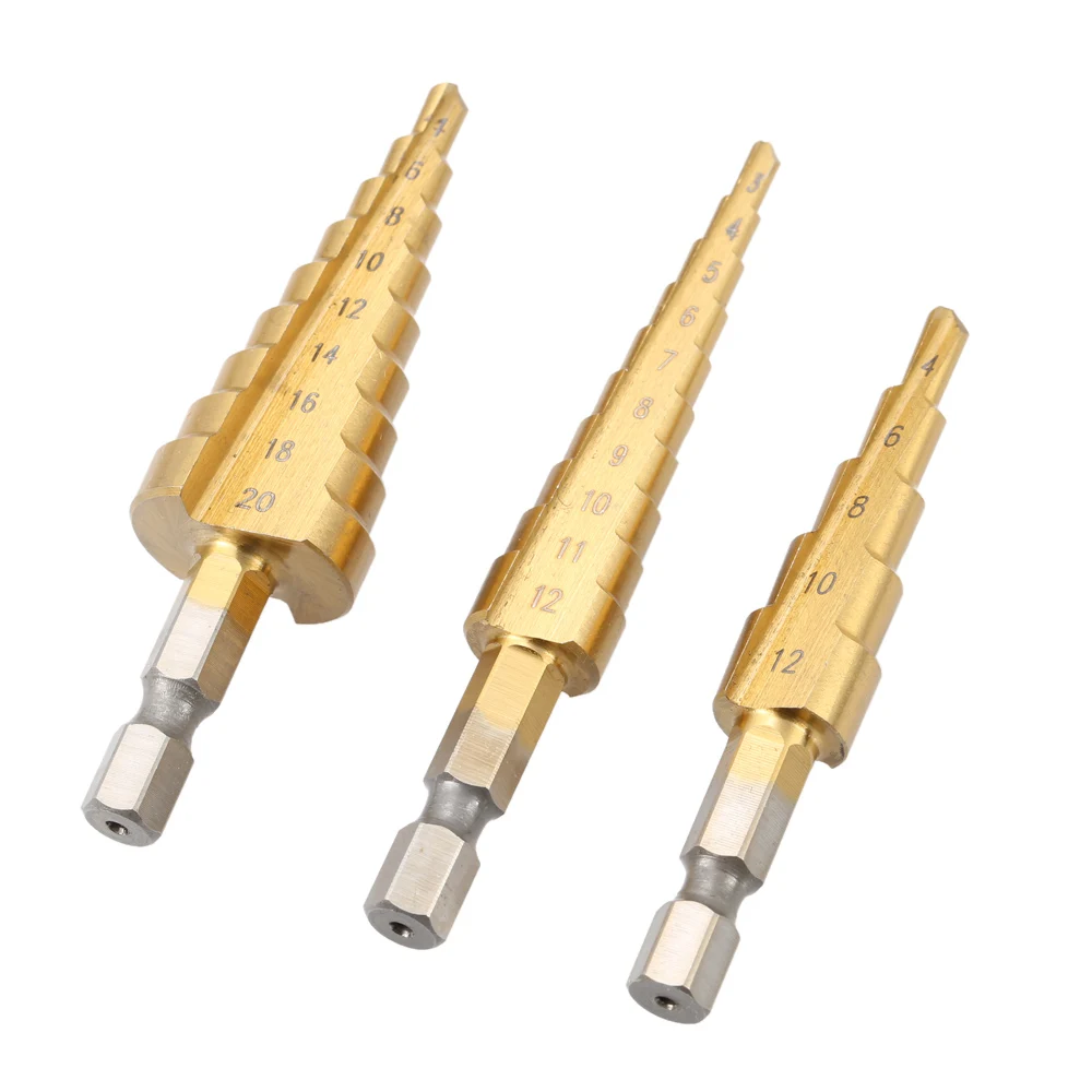 3 Pcs/set Step Cone HSS Titanium Spiral Grooved Step Drill Bit Hole Cutter Cut Tool Hardware Tool Set 3-12mm 4-12mm 4-20mm
3 Pcs/set Step Cone HSS Titanium Spiral Grooved Step Drill Bit Hole Cutter Cut Tool Hardware Tool Set 3-12mm 4-12mm 4-20mm