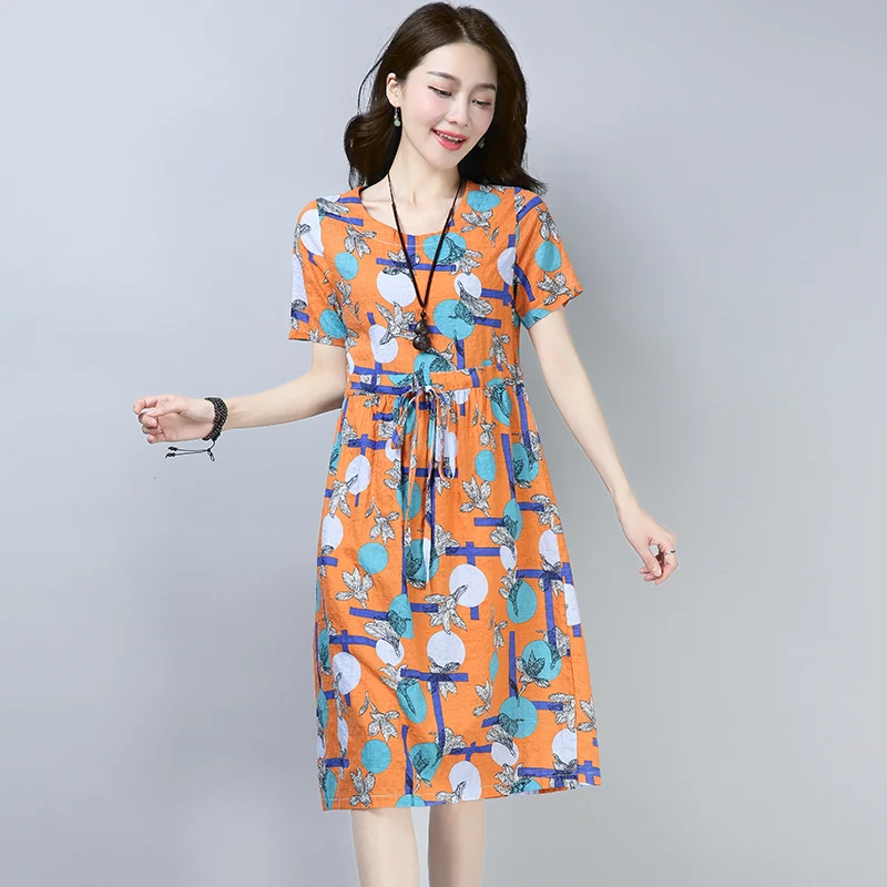 2019 Summer Women Print Dress Fashion Korean O neck Loose Cotton linen Short-sleeve Dress elastic waist Casual Ladies clothing
2019 Summer Women Print Dress Fashion Korean O neck Loose Cotton linen Short-sleeve Dress elastic waist Casual Ladies clothing