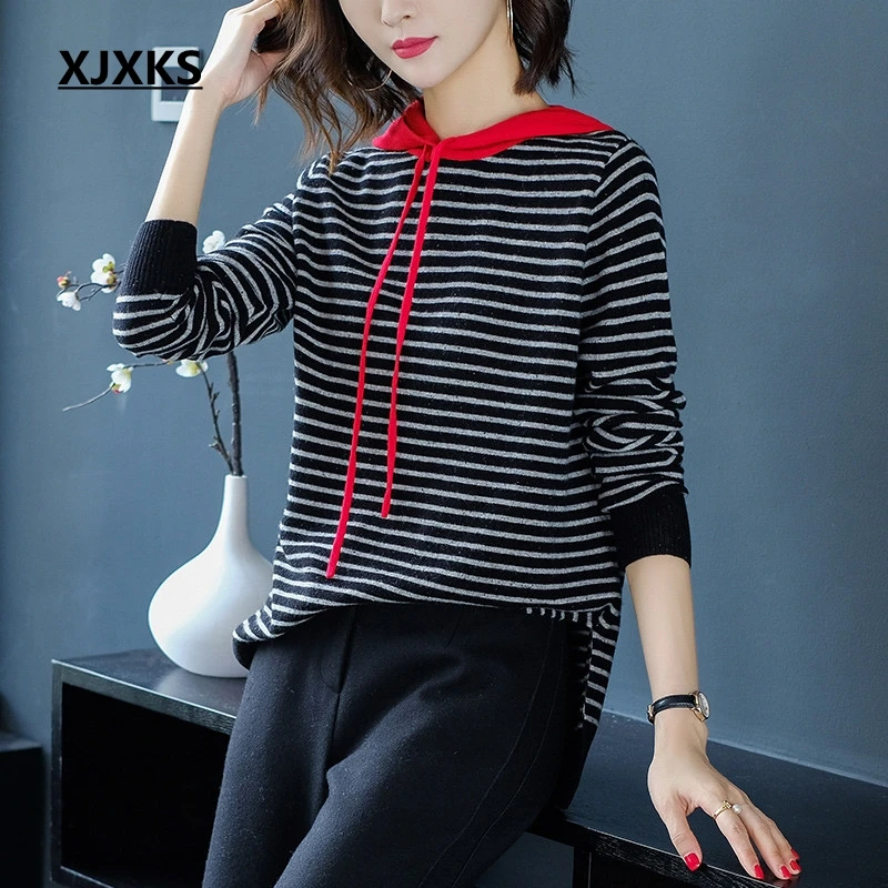 XJXKS 2019 new high elastic comfort hooded sweater women striped clothing new selling 100% wool knitted women pullover sweater
XJXKS 2019 new high elastic comfort hooded sweater women striped clothing new selling 100% wool knitted women pullover sweater