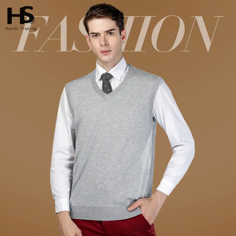 Men's V-Neck Knitted Wool Cashmere Vest Solid Colors