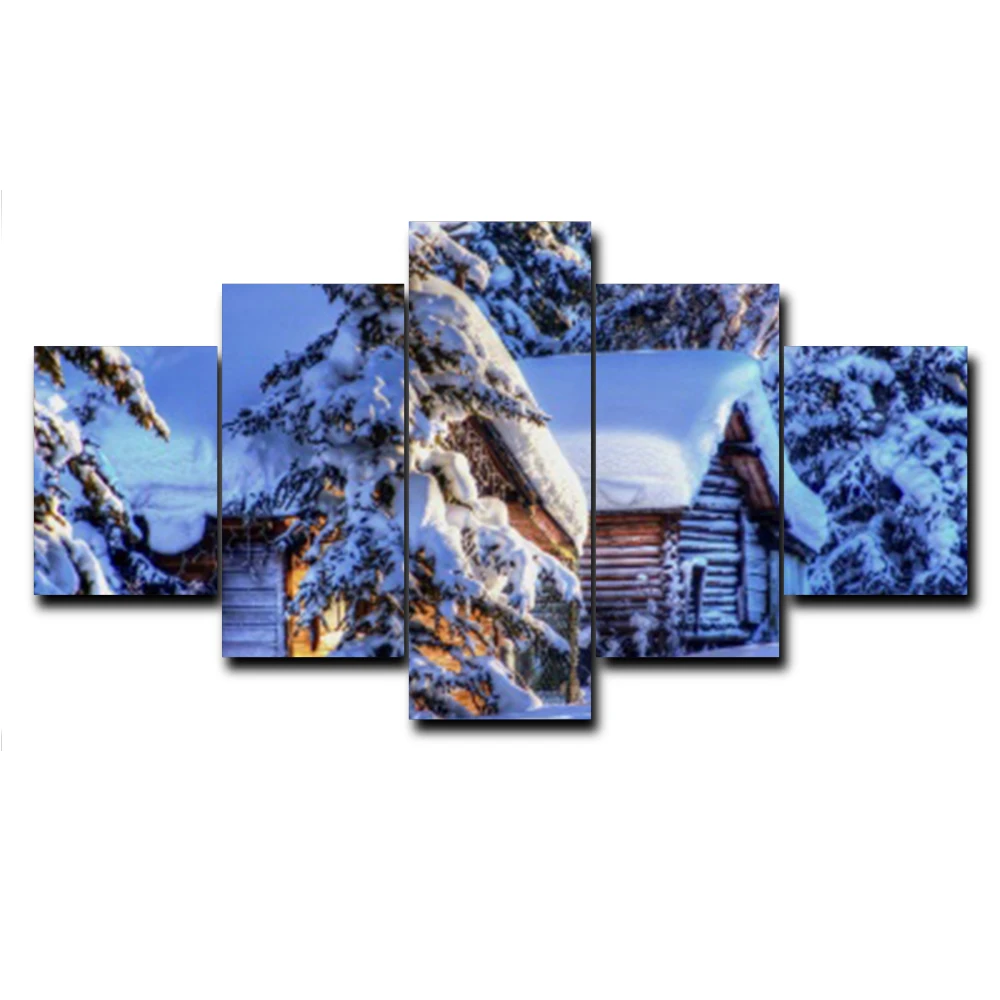 5 Panel Winter Snow House Vintage Canvas Oil Painting Abstract Poster Wall Artwork for Living Room Bedroom Home Decor No Frame | Дом и сад