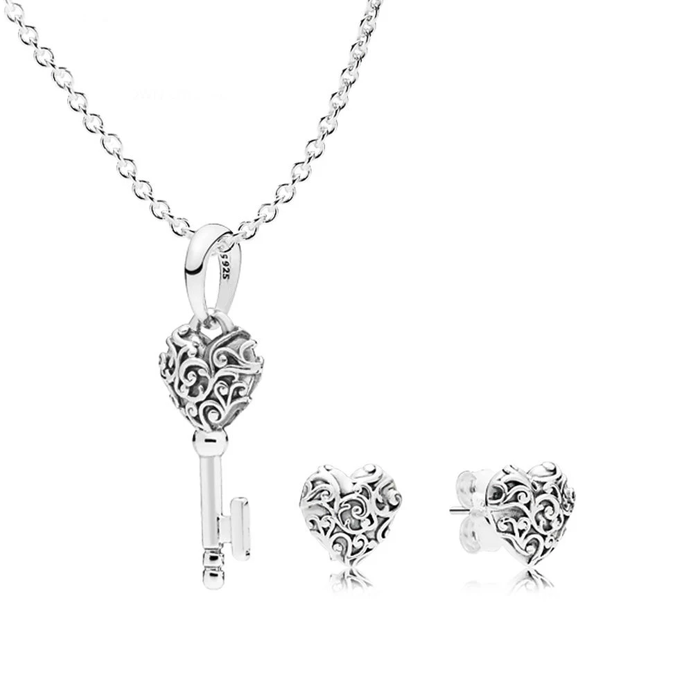 

NEW 100% 925 Sterling Silver Sweet Fashion Women REGAL HEARTS EARRING STUDS Necklace Set Gift Original Jewelry B800959