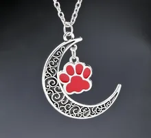 초승달 달 펜던트 목걸이 에나멜 개 고양이 발 인쇄 매력 합금 빈티지 골동품 실버 주얼리 선물 새로운(China)