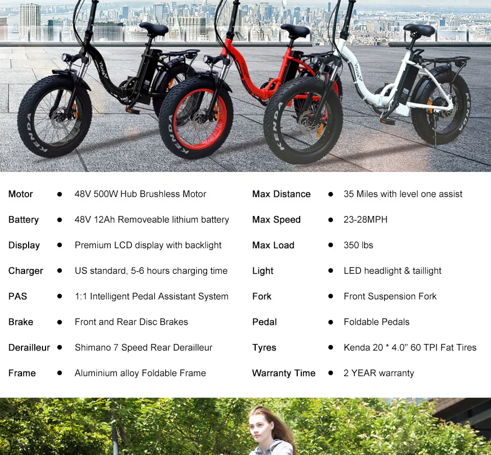 Best Vtuvia 48V 500W Motor Electric Bike 20 inch 4.0 Fat Wheel E-bike Snow Mountain Folding Electric Bicycle with 12Ah Li-ion Battery 2