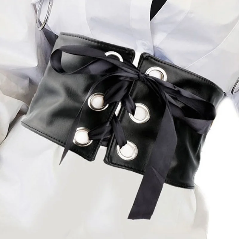 New women's black leather wide corset belt slim body faux retro design comfortable stretch belts 2 way close bg-305 | Аксессуары для
