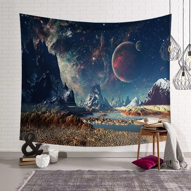 

Wall Tapestry Hanging Uphome Planet with Earth Moon and Mountains Pattern Light-weight Polyester Fabric Wall Decor Tapestry