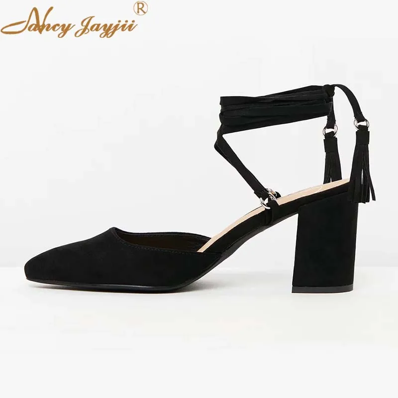 Shoes Woman Ladies Pumps Flock Black Solid Fringe Pointed Toe Ankle-Strap Lace-Up High Square heels Mature Elegant Party 2019
Shoes Woman Ladies Pumps Flock Black Solid Fringe Pointed Toe Ankle-Strap Lace-Up High Square heels Mature Elegant Party 2019