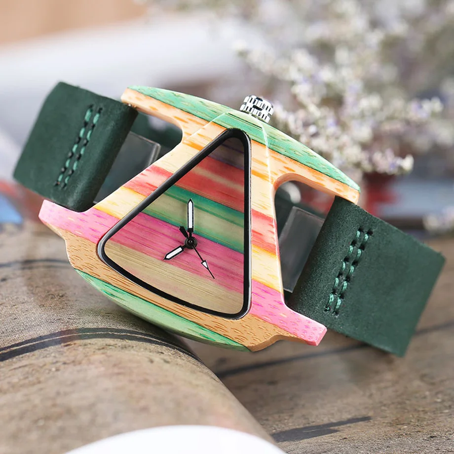 Creative Women Wood Watches Unique Colorful Wooden Triangle Hollow Quartz Wristwatch Ladies Elegant Fashion Genuine Leather Hour (9)