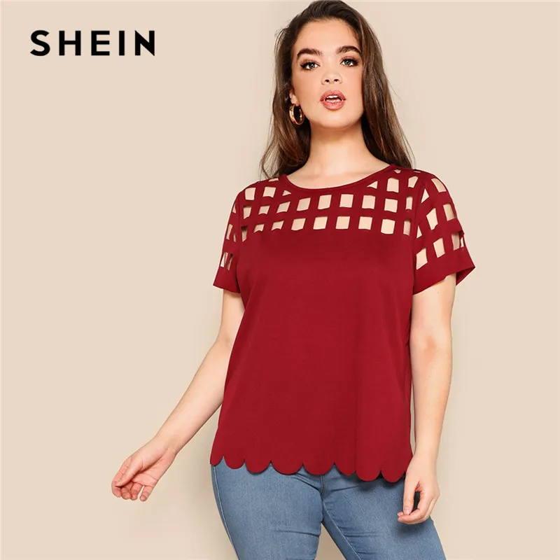 

SHEIN Burgundy Geo Cutout Detail Scallop Hem Short Sleeve Casual Plus Size Women Blouses 2019 Fashion Solid Blouse Tops