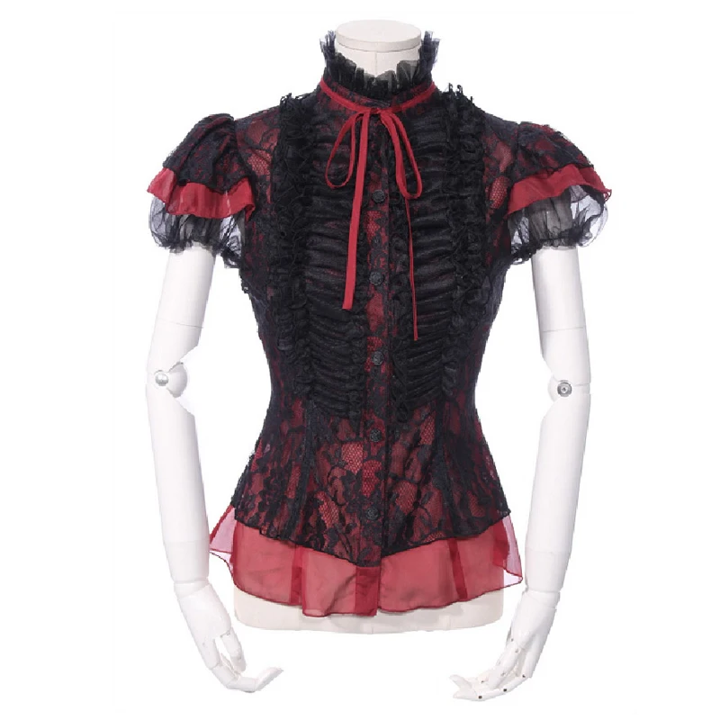 Womens Black and Red Chiffon Lace Stand Collar Short Sleeves Gothic Lolita Blouse 21162BR
Womens Black and Red Chiffon Lace Stand Collar Short Sleeves Gothic Lolita Blouse 21162BR